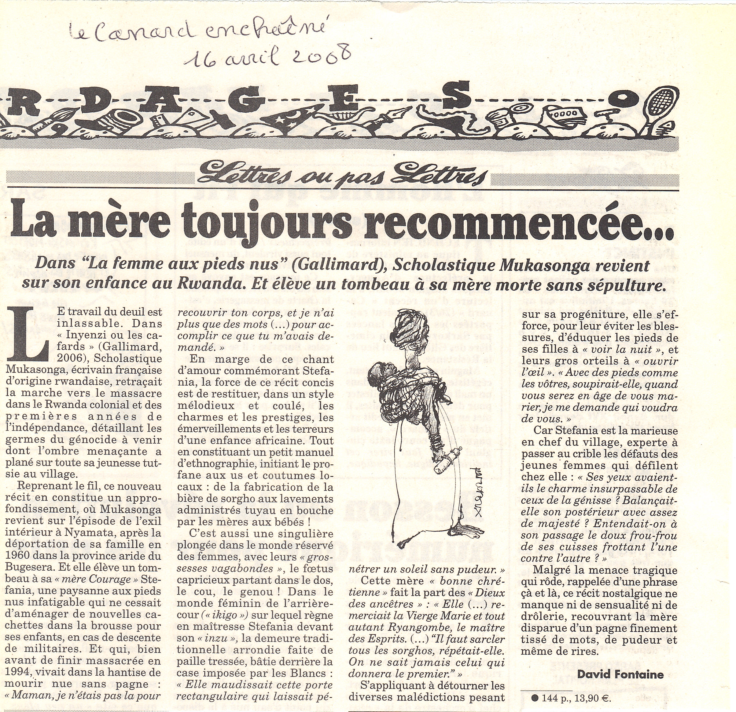 Canard Enchainé - David Fontaine - 16 avril 2008 - Scholastique Mukasonga -  écrivaine rwandaise