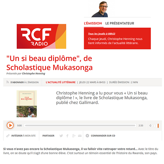 RCF Radio : Christophe Henning a lu pour vous « Un si beau diplôme ! » de Scholastique Mukasonga - Rwanda