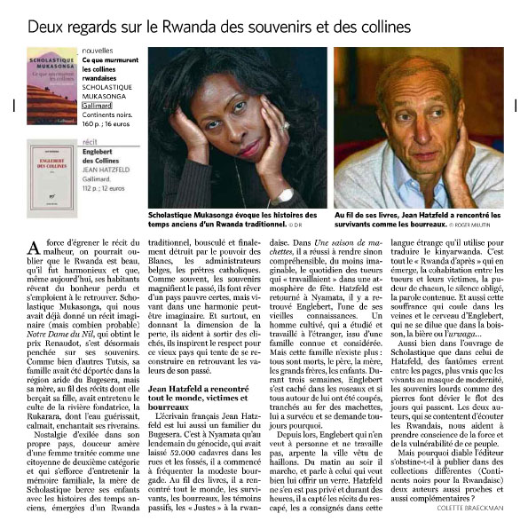 Le Soir: Deux Regards sur le Rwanda des souvenirs et des collines - scholastique mukasonga - Jean Hatzfeld